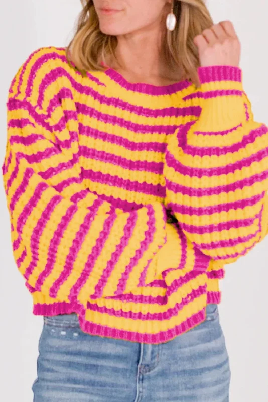 Orange Striped Bubble Sleeve Loose Sweater