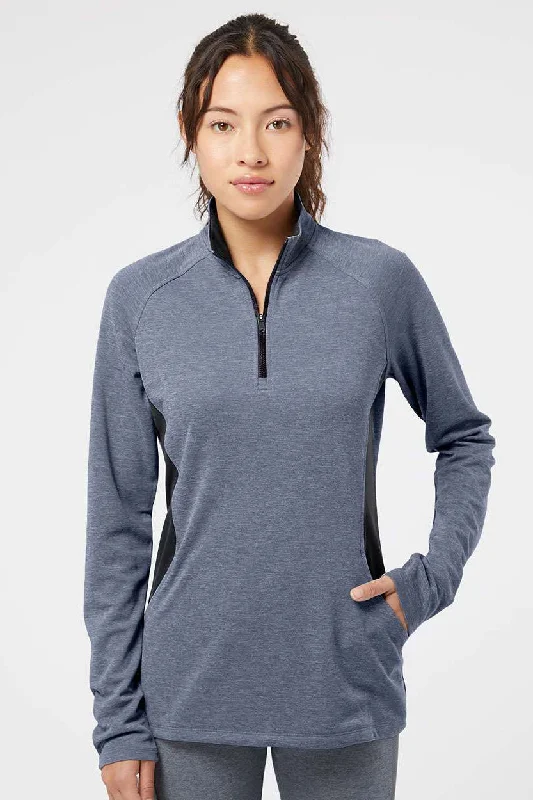 Adidas Womens UPF 50+ 1/4 Zip Sweatshirt w/ Pockets - Heather Collegiate Navy Blue/Carbon Grey