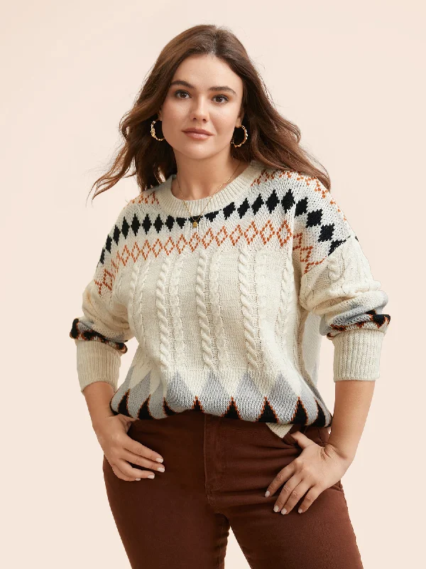 Fair Isle Crew Neck Split Hem Pullover