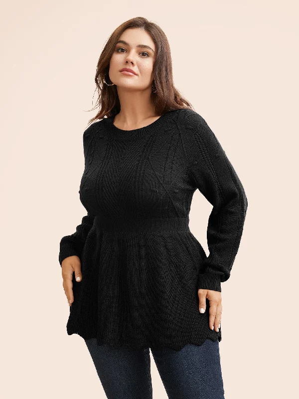 Plain Textured Scalloped Trim Pullover