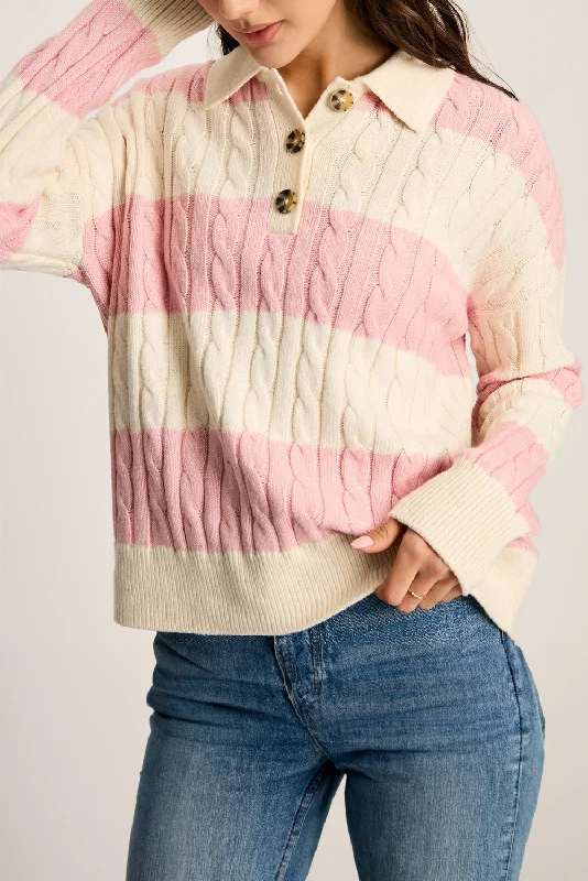 Pink Colorblock Button Collar Twisted Cable Knit Sweater