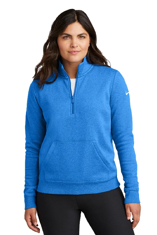 Nike Womens Club Fleece 1/4 Zip Sweatshirt w/ Pouch Pocket - Heather Light Game Royal Blue - New