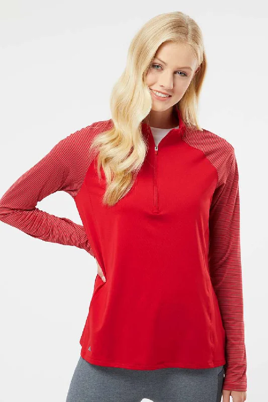 Adidas Womens Stripe Block Moisture Wicking 1/4 Zip Sweatshirt - Team Power Red