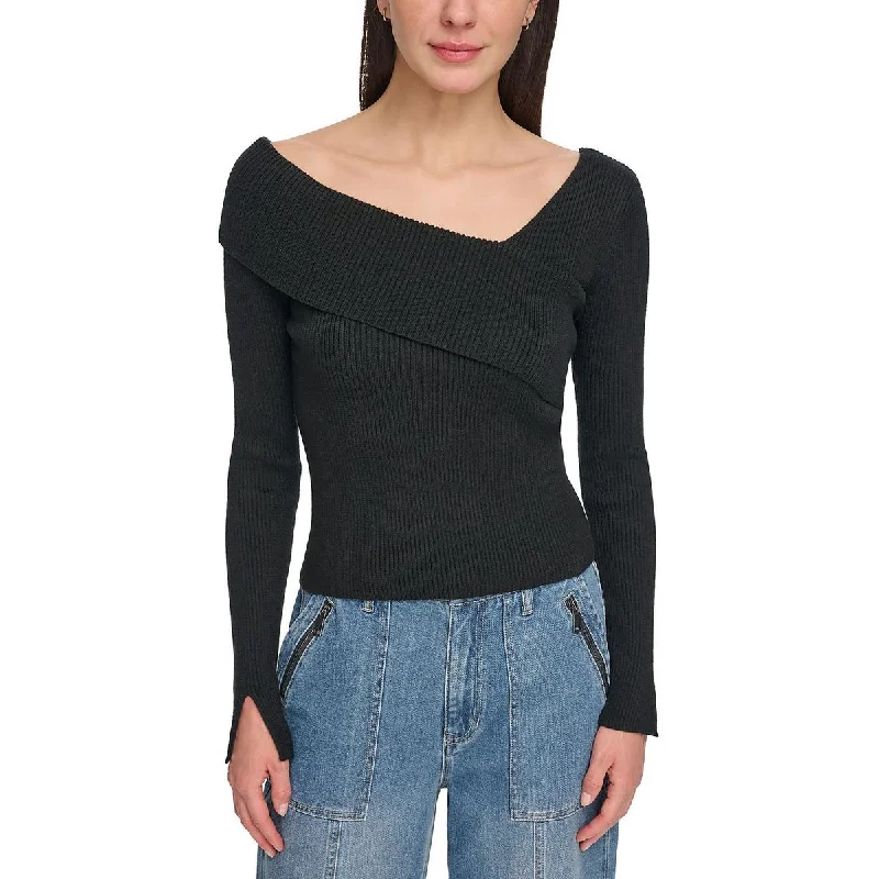 Womens Ribbed Asymmetrical Neck Pullover Sweater