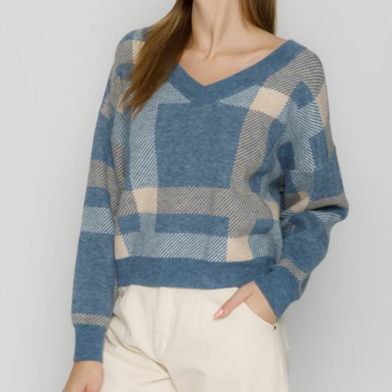 Winter Days V Neck Plaid Sweater Blue