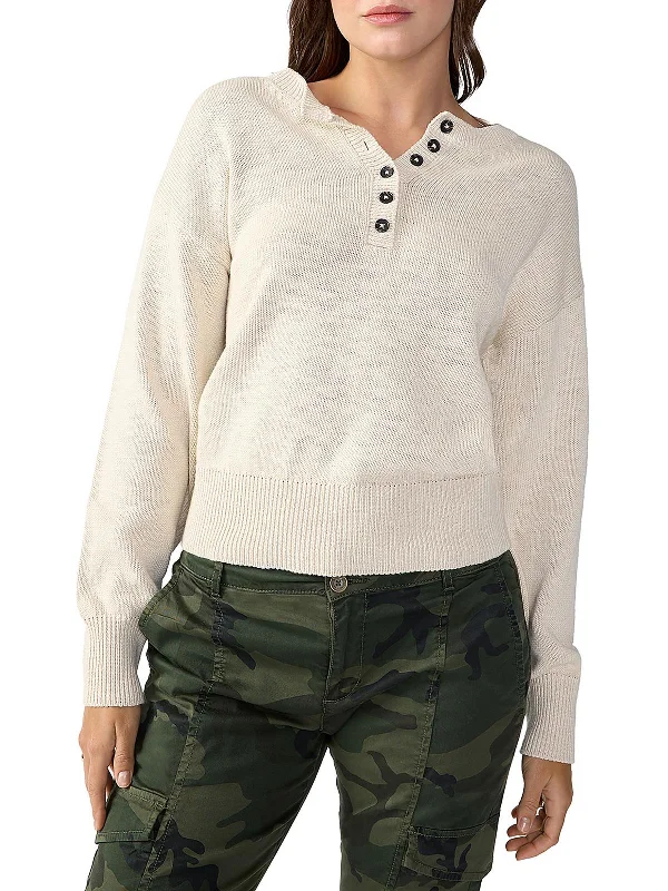 Womens Ribbed Trim Button Pullover Sweater