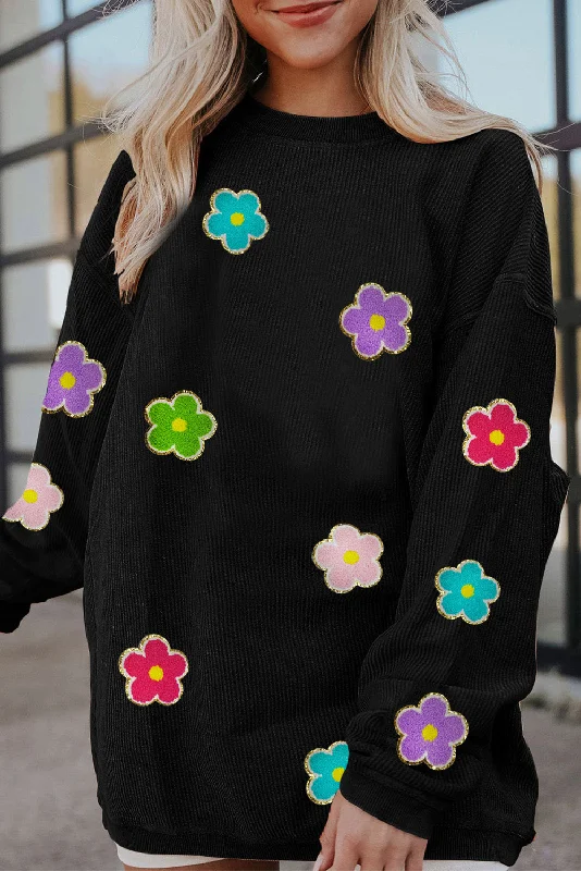 Black Flower Chenille Glitter Embroidered Ribbed Sweatshirt