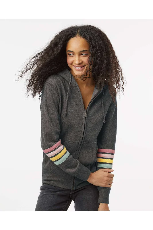 MV Sport Womens Striped Sleeves Full Zip Hooded Sweatshirt Hoodie w/ Pockets - Charcoal Grey