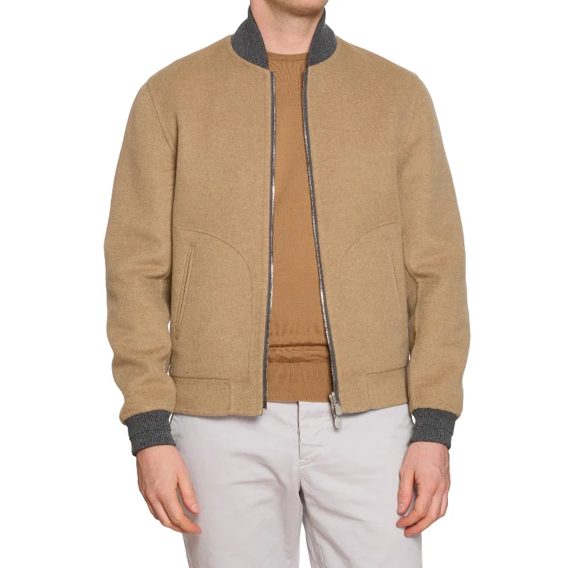 BRUNELLO CUCINELLI Reversible Tan-Gray Cashmere Bomber Jacket EU 50 NEW US 40