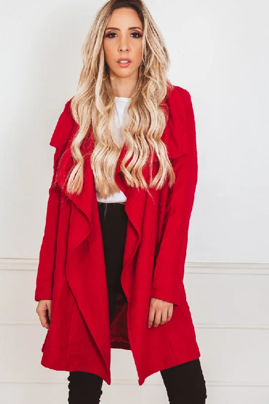 Draped Collar Coat - Red