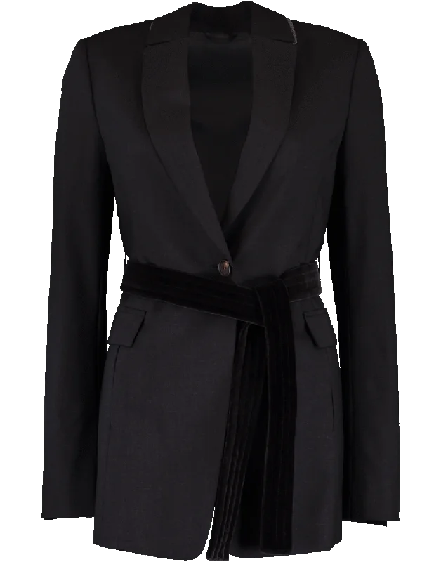 One Button Velvet Belted Blazer