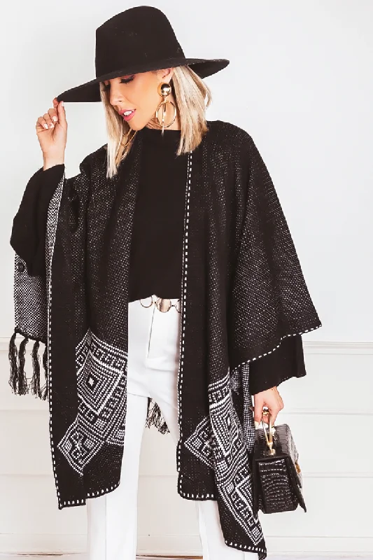 Poncho Cardigan Sweater with Fringe