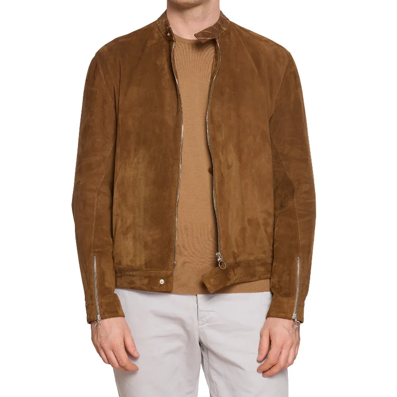 SERAPHIN Brown Suede Leather Unlined Bomber Croco Trim Jacket FR 50 US M