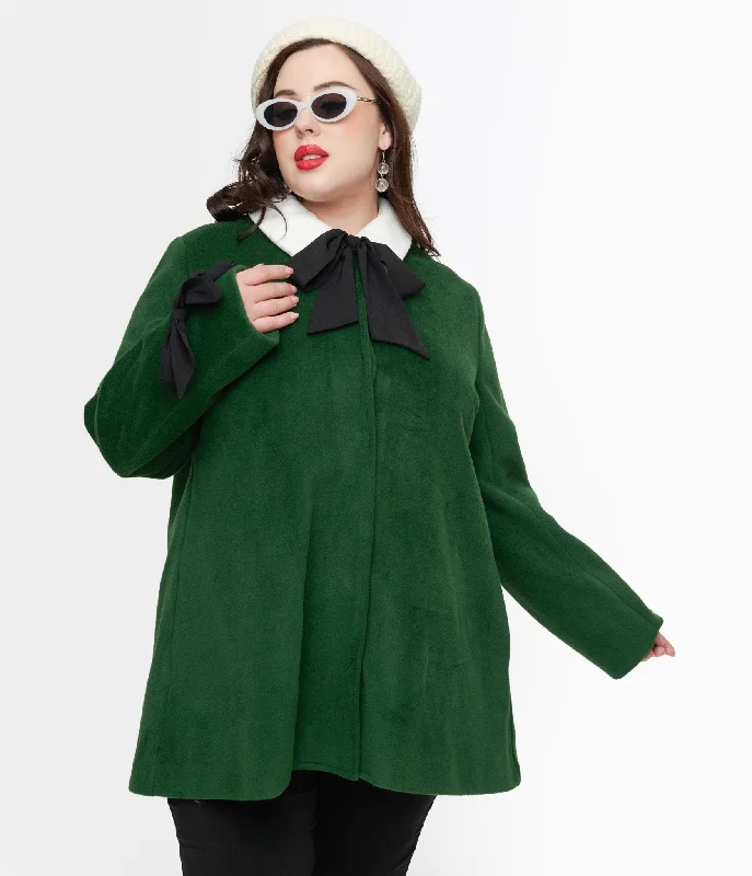 Smak Parlour Plus Size 1960s Green & Black Bows Topper Coat