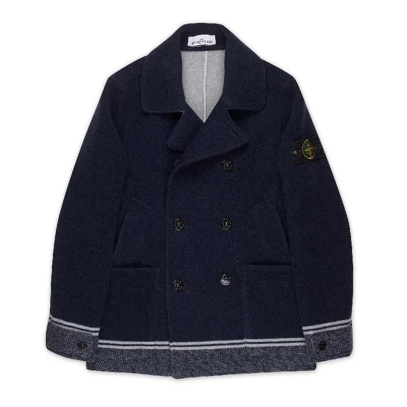 STONE ISLAND PANNO JACQUARD Navy Blue Wool Pea Coat NEW Logo Patch