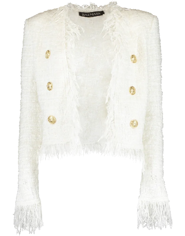 White Collarless Fringe Tweed Jacket