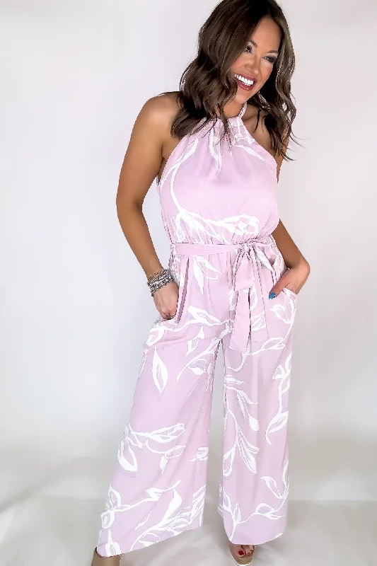 Blush Leafy Print Halter Neck Jumpsuit