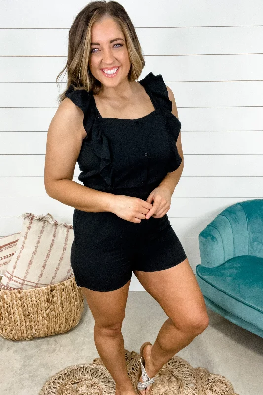 Midnight Magic- Black Romper w/ Ruffle Sleeves & Button Detail