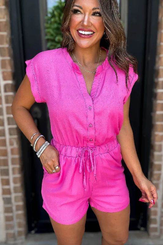 Pops Of Color Pink Button V-Neck Drawstring Romper