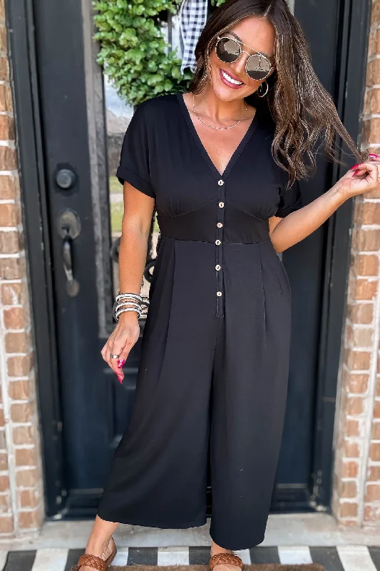 Steady As We Go Black Short Sleeve Button Up Jumpsuit