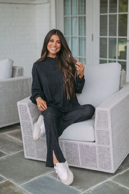 Brushed Hoodie Top & Slit Pants Set