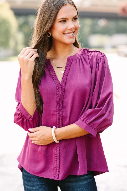 Easy Days Ahead Plum Purple Textured Trim Blouse