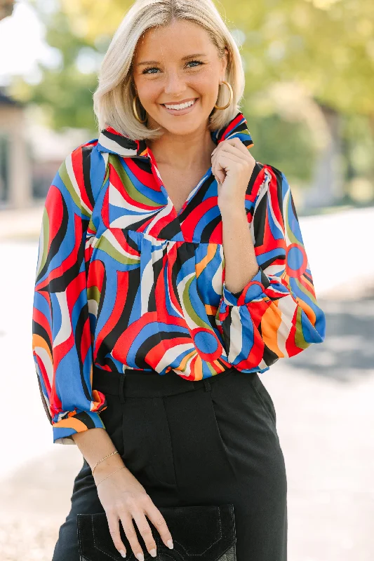 Go For Love Red & Black Retro Abstract Blouse