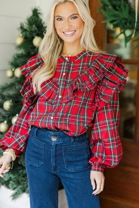 It's All Possible Red Tartan Plaid Button Down Blouse