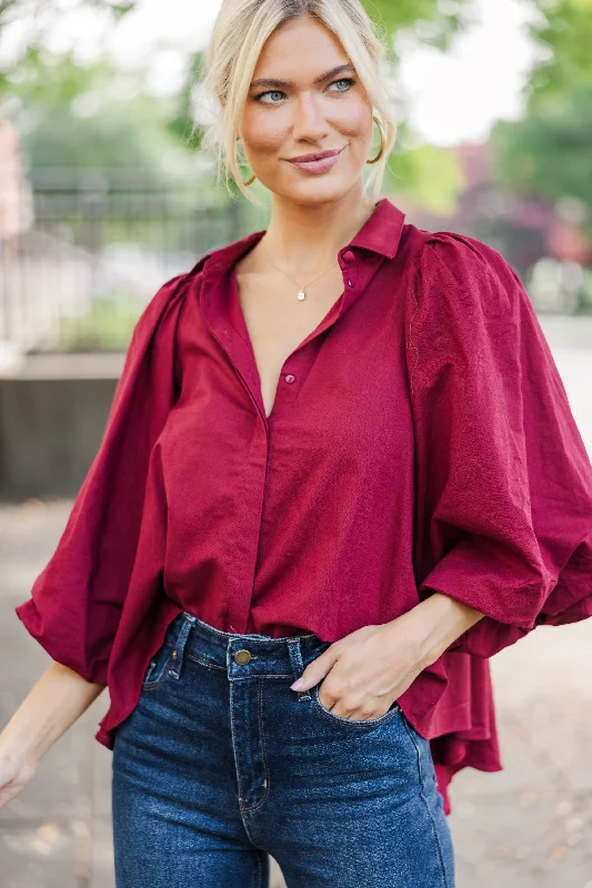 Let's Run Burgundy Red Bubble Sleeve Blouse