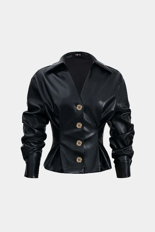 Faux Leather Metallic Buttoned Long-Sleeve Shirt