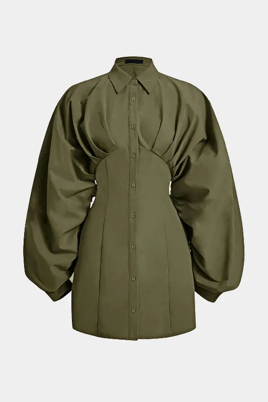 Ruched Button Long-Sleeve Shirt Dress