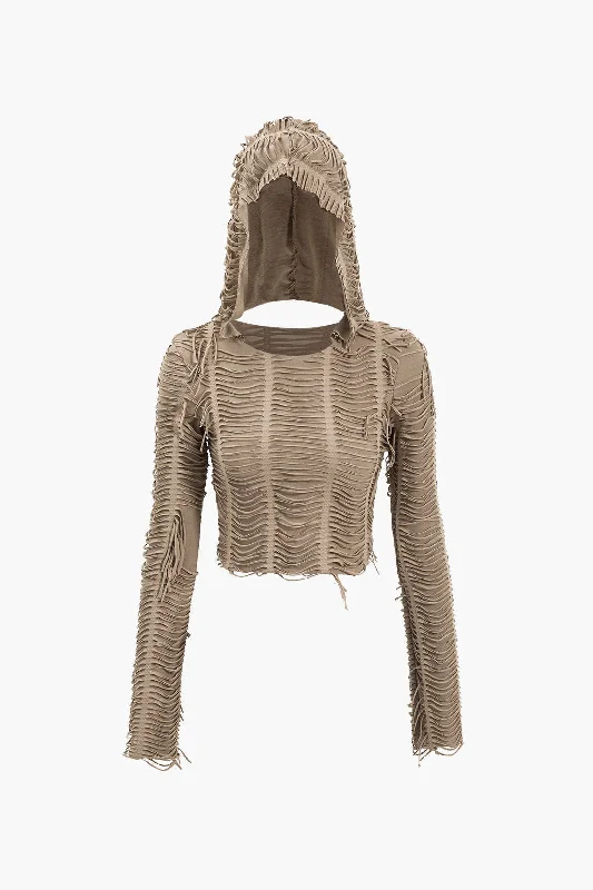 Solid Fringe Long-Sleeve Hooded Top