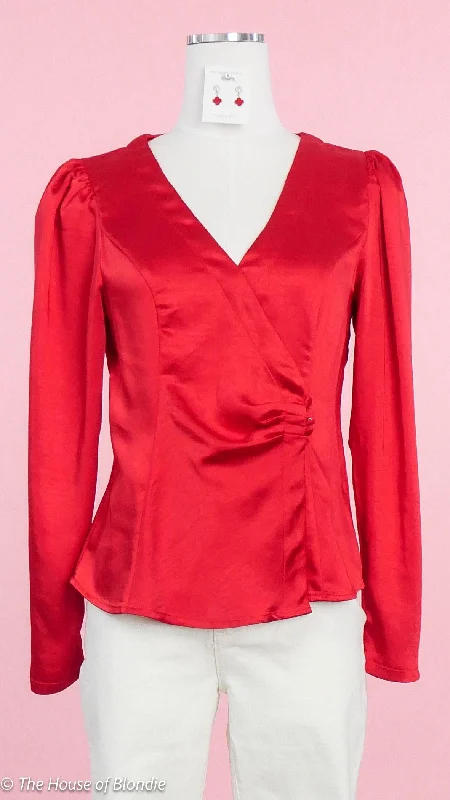 Rebecca Satin Red Wrap long Sleeve Top