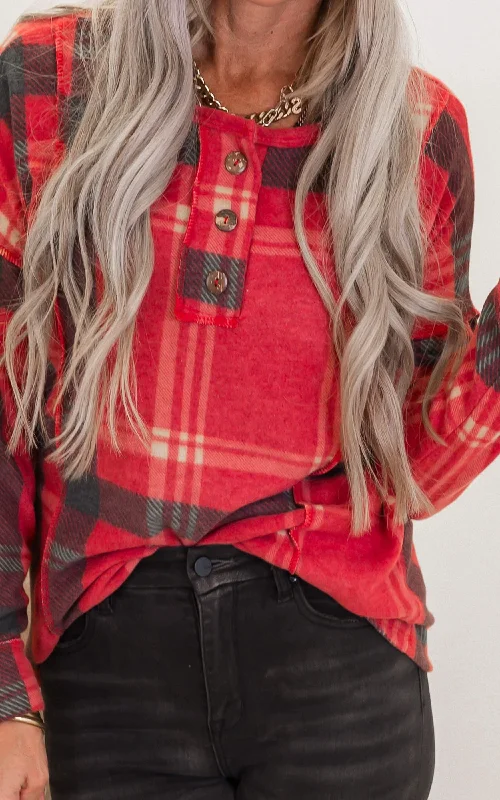 Red Plaid Button Front Long Sleeve Top