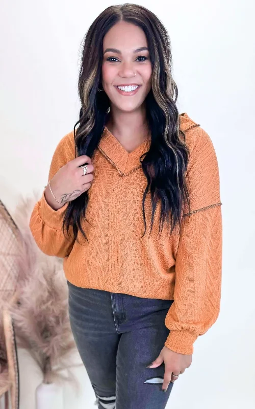 Rust Corded V-Neck Sweater