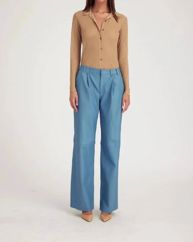 Deep Pleat Leather Trousers In Chambray Blue