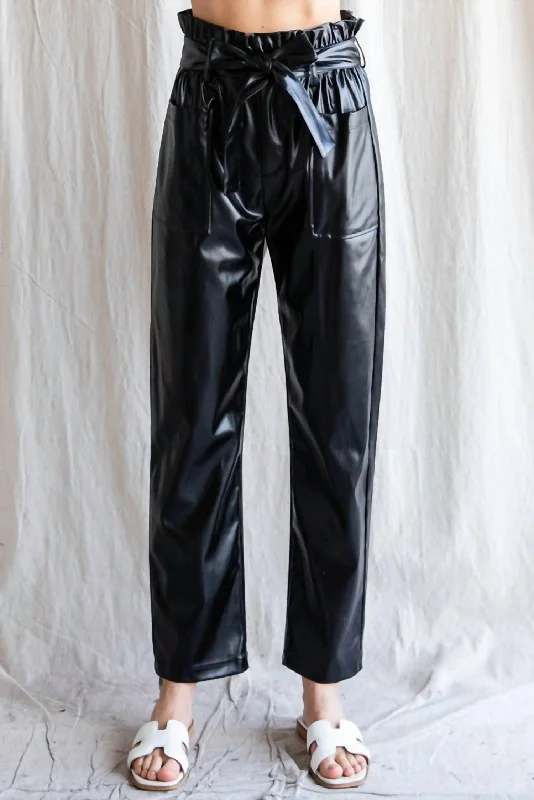 Faux Leather Belted Waist Pants In Black