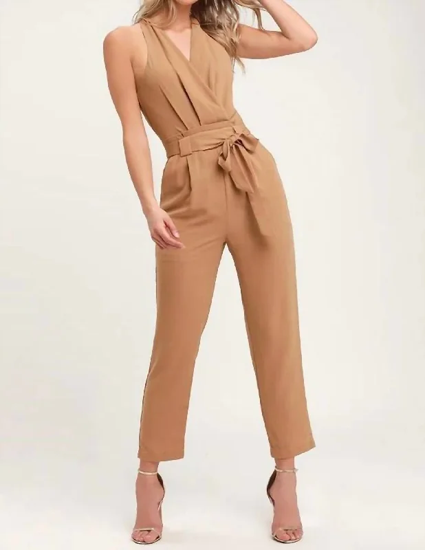 Halter Neck Belted Jumpsuit In Camel